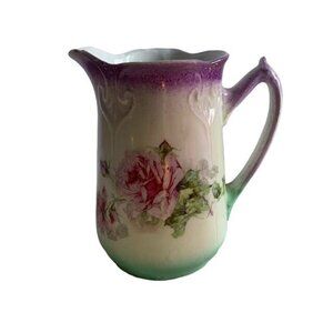 Vintage Ceramic Pitcher Pink Roses Green Base Ombre Floral Design 6.5" Tall Gift